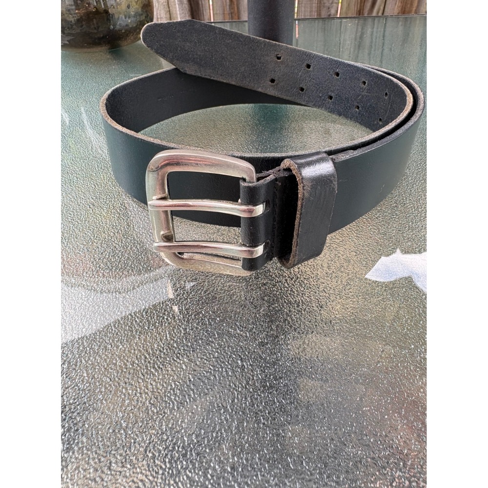 Black Genuine Leather Double Prong Buckle Belt Men Medium 6977FE Silver Hardware